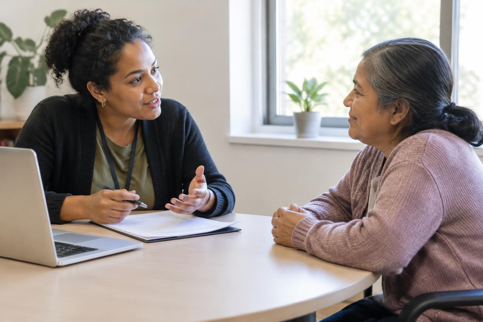A caseworker sitting with a client, reviewing a document together