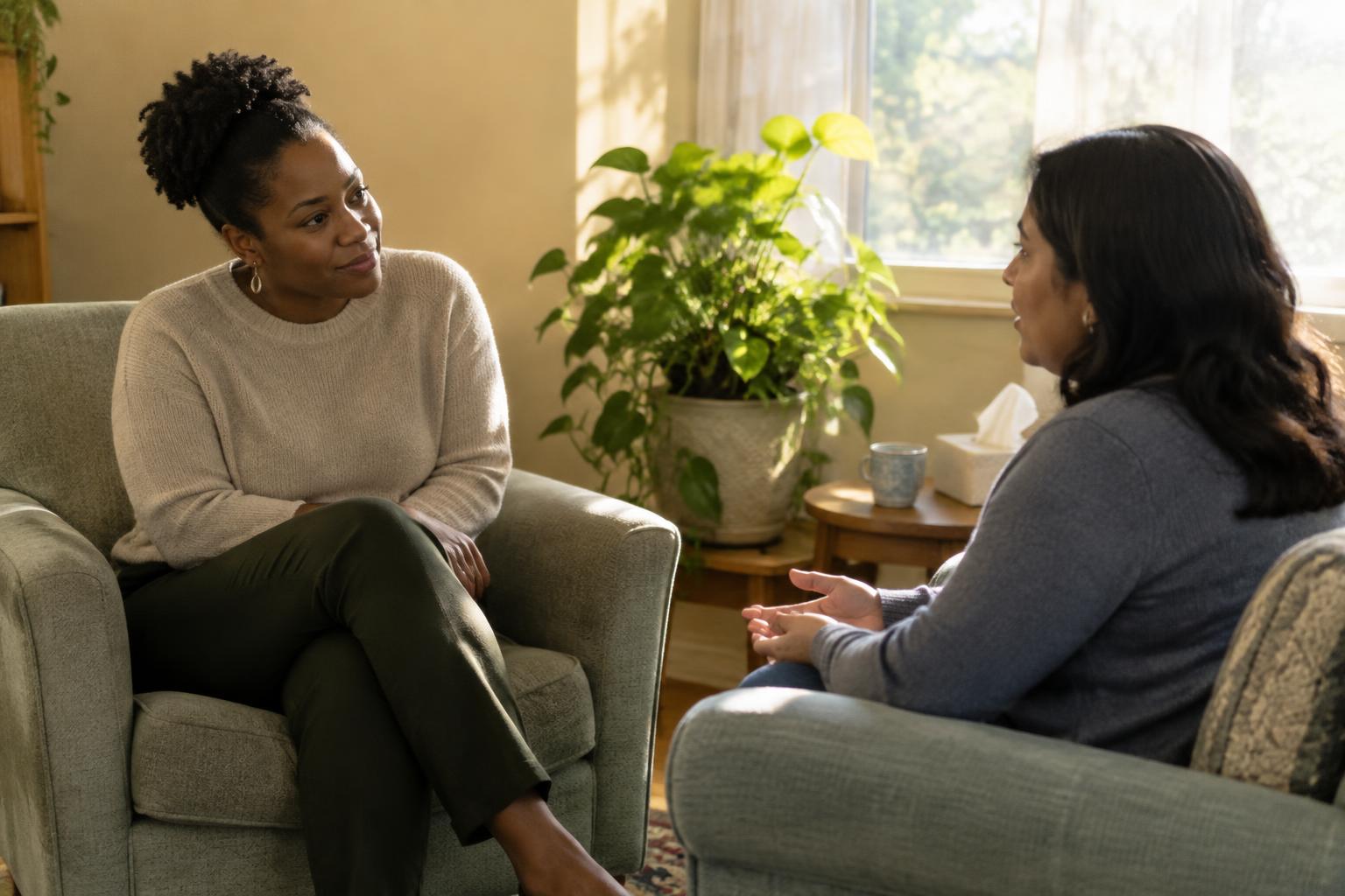 Two people having a calm, supportive conversation in a sunlit room
