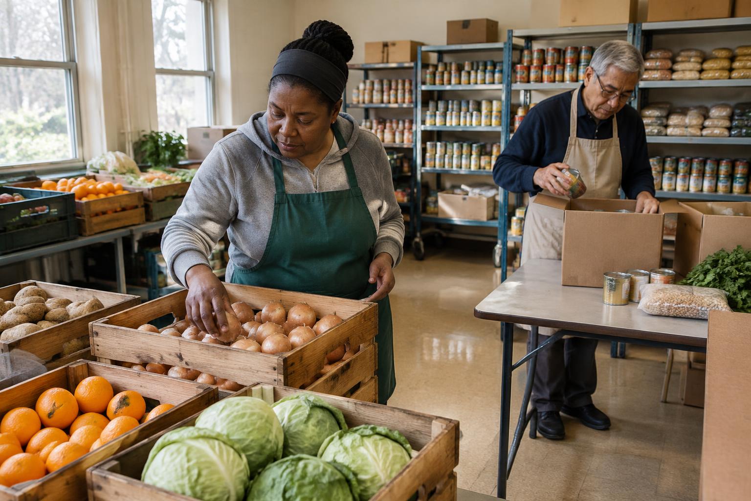 Volunteers sorting fresh produce and canned goods at a food pantry