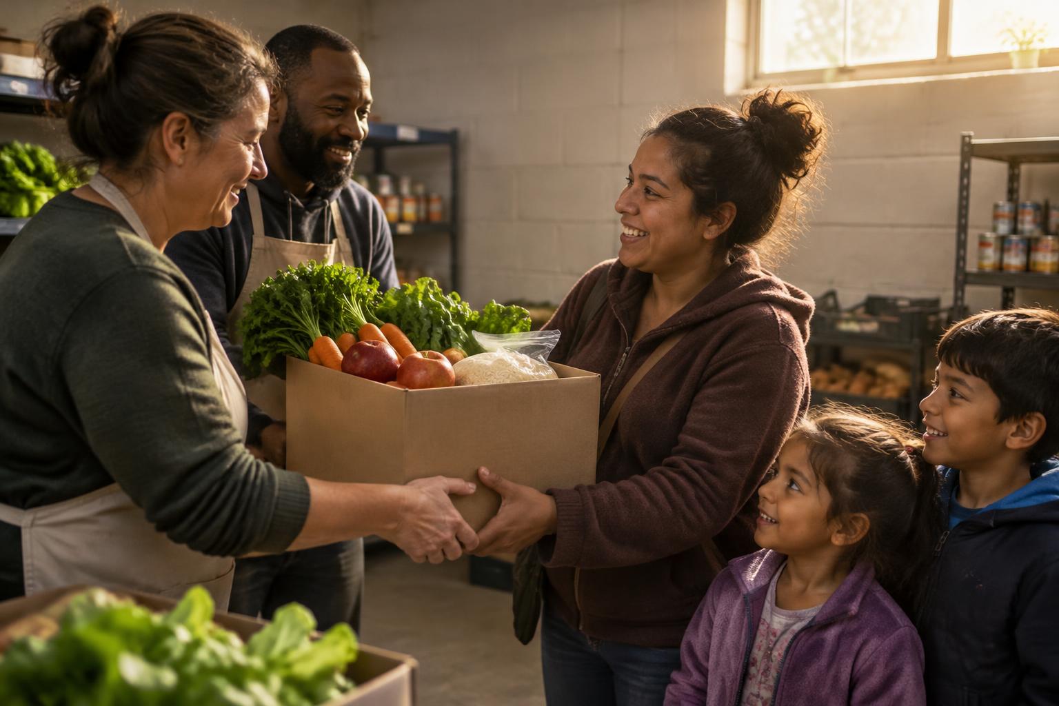 Volunteers handing a box of fresh groceries to a mother and her two children at a neighborhood pantry