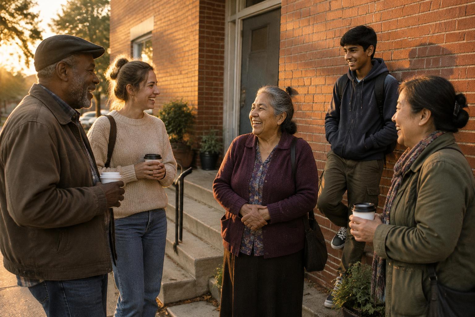 Neighbors of different ages talking together outside a community center