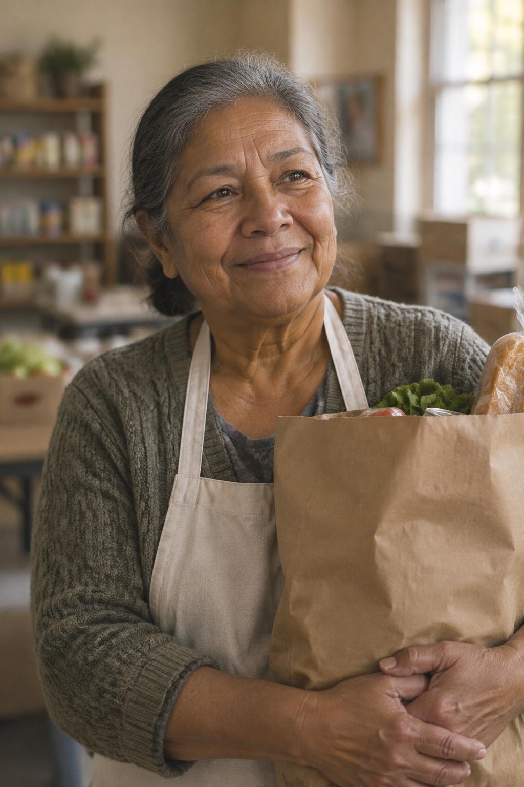 A longtime volunteer holding a paper bag of groceries