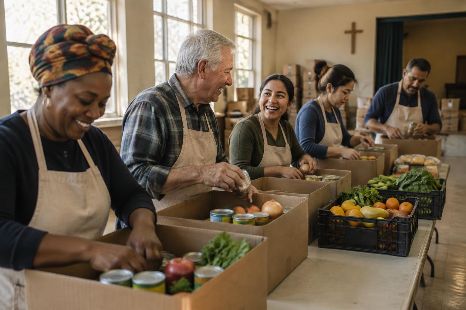 Volunteers packing boxes of canned goods and fresh produce at long tables
